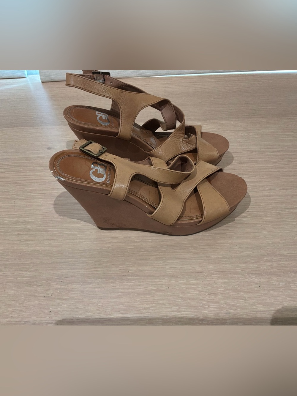 G by Guess Tan Strappy Wedge Sandals